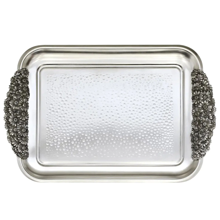 Rectangular tray with Chamomile overlays, silver-plated forged copper