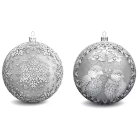 Set of 2 silver Christmas balls "Snowflakes and Bullfinches"
