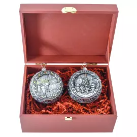 Set of 2 silver Christmas tree balls "Happy childhood and Nostalgia"