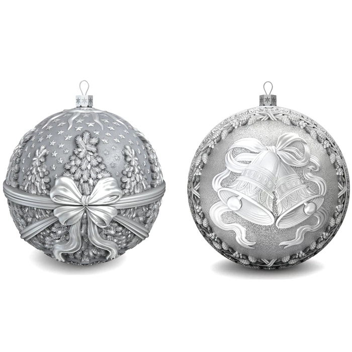 Set of 2 silver Christmas balls "Bells and a Winter fairy tale"