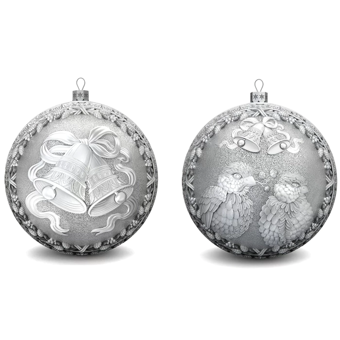 Set of 2 silver Christmas balls "Bells and Bullfinches"