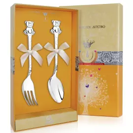 Серебряный десертный набор "Медведь": вилка и ложка, на 1 персону