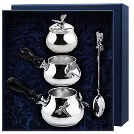 Серебряный набор для кофе "Стрекоза": ложка, турка, сливочник, сахарница