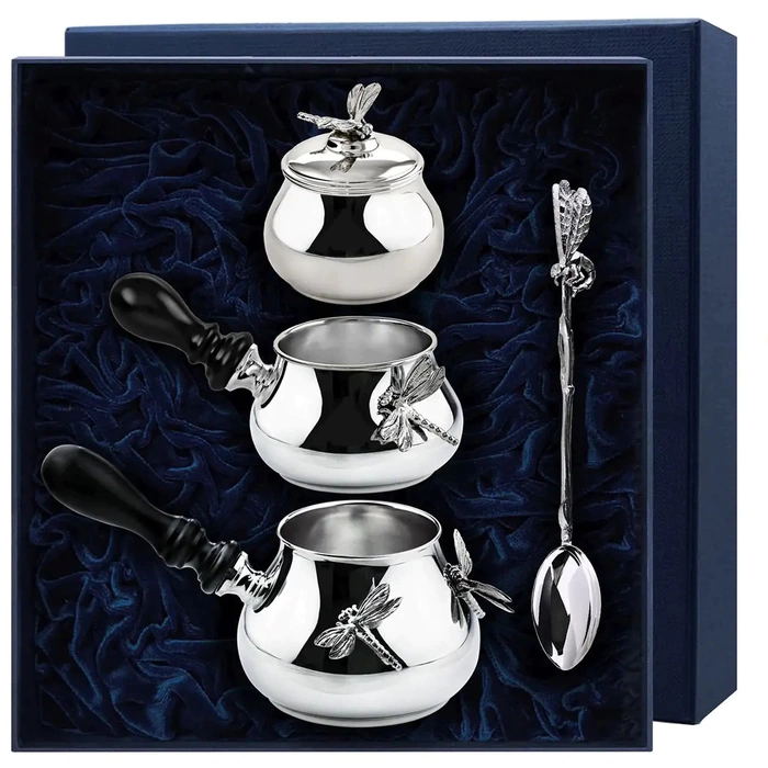 Silver Dragonfly coffee set: spoon, turkey , creamer, sugar bowl
