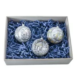 Set of 3 silver Christmas balls "Bells, Bullfinches and Nostalgia"