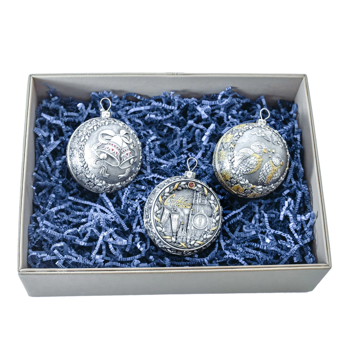 Set of 3 silver Christmas balls "Bells, Bullfinches and Nostalgia"