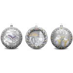 Set of 3 silver Christmas balls "Bells, Bullfinches and Nostalgia"
