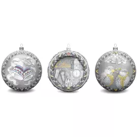 Set of 3 silver Christmas balls "Bells, Bullfinches and Nostalgia"