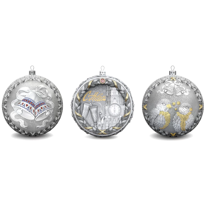 Set of 3 silver Christmas balls "Bells, Bullfinches and Nostalgia"