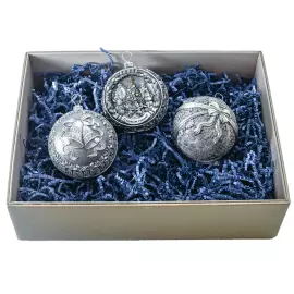 Set of 3 silver Christmas balls "Bells, Happy Childhood and a Winter fairy tale"