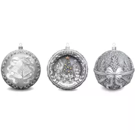 Set of 3 silver Christmas balls "Bells, Happy Childhood and a Winter fairy tale"