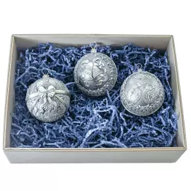 Set of 3 silver Christmas balls "Bullfinches, Bells and a Winter fairy tale"