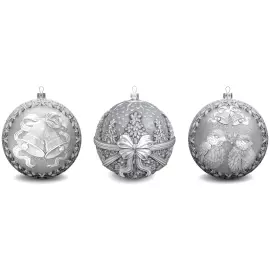 Set of 3 silver Christmas balls "Bullfinches, Bells and a Winter fairy tale"