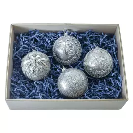 Set of 4 silver Christmas balls "Bells, Bullfinches, Snowflakes and a Winter fairy tale"