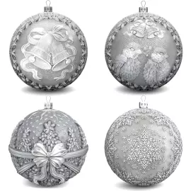 Set of 4 silver Christmas balls "Bells, Bullfinches, Snowflakes and a Winter fairy tale"