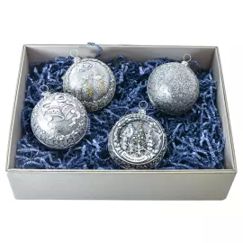 Set of 4 silver Christmas balls "Bullfinches, Snowflakes, Bells and a Happy childhood"