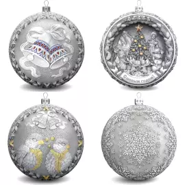 Set of 4 silver Christmas balls "Bullfinches, Snowflakes, Bells and a Happy childhood"