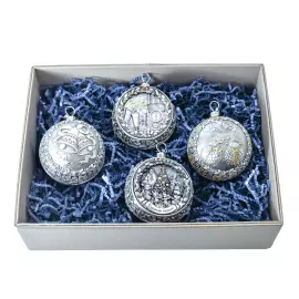 Set of 4 silver Christmas balls "Bells, Bullfinches, Nostalgia and a Happy childhood"