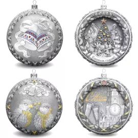 Set of 4 silver Christmas balls "Bells, Bullfinches, Nostalgia and a Happy childhood"