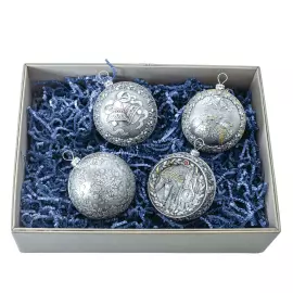 Set of 4 silver Christmas balls "Bells, Bullfinches, Snowflakes and Nostalgia"