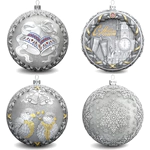 Set of 4 silver Christmas balls "Bells, Bullfinches, Snowflakes and Nostalgia"