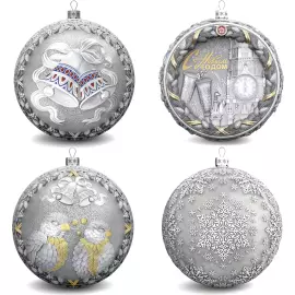 Set of 4 silver Christmas balls "Bells, Bullfinches, Snowflakes and Nostalgia"