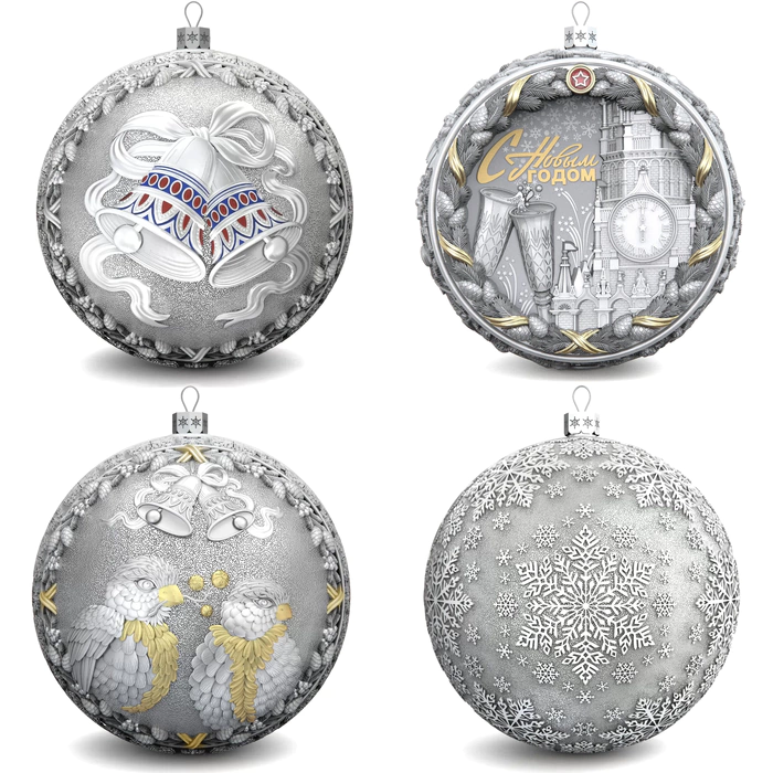 Set of 4 silver Christmas balls "Bells, Bullfinches, Snowflakes and Nostalgia"