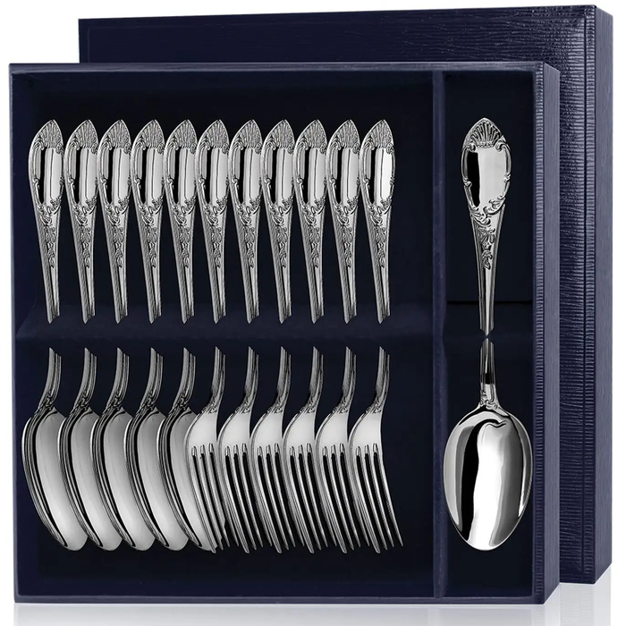Silver table set "Prestige": a dining fork, a dining spoon with blackening in a case