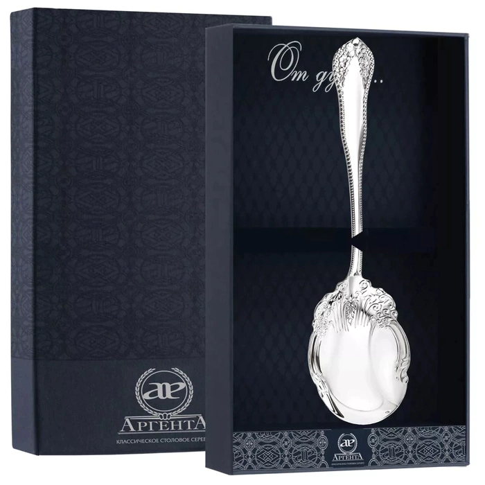Silver spoon for salad "Patterns" in a case