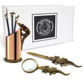 Медный набор канцелярский "Сафари" с чернением, 5 предметом: подставка для бумаги+карандашница+3 карандаша