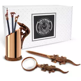 Медный набор канцелярский "Сафари" с черненнием, 6 предмета: лупа+нож для писем+карандашница+3 карандаша
