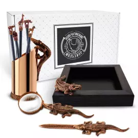 Медный набор канцелярский "Сафари" с чернением, 9 предметов: лупа+нож для писем+подставка для бумаги+карандашница+5 карандашей