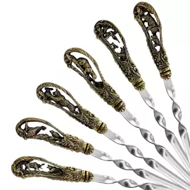 Латунный набор шампуров "Охотничий" с чернением, 6 предметов в коробке