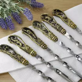 Латунный набор шампуров "Охотничий" с чернением, 6 предметов в коробке