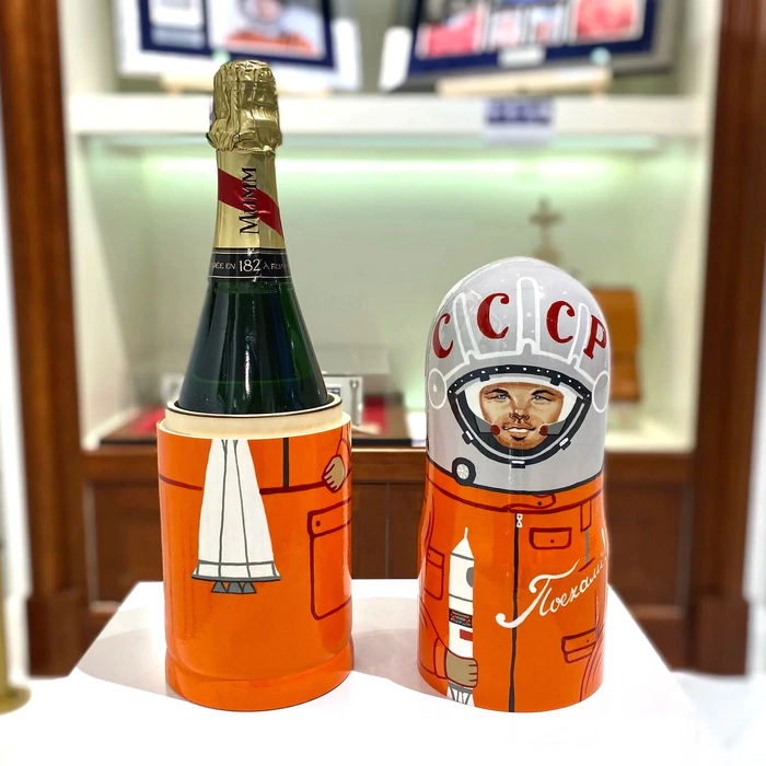Champagne bottle, stylized as a portrait of Yuri Gagarin