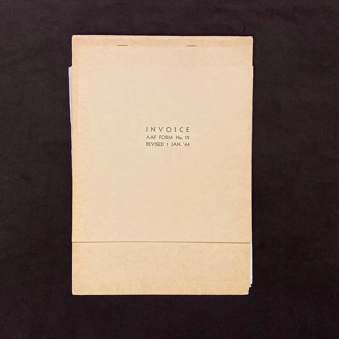 The invoice for the shipment of goods by plane. 1944, 15 letterheads in the cover