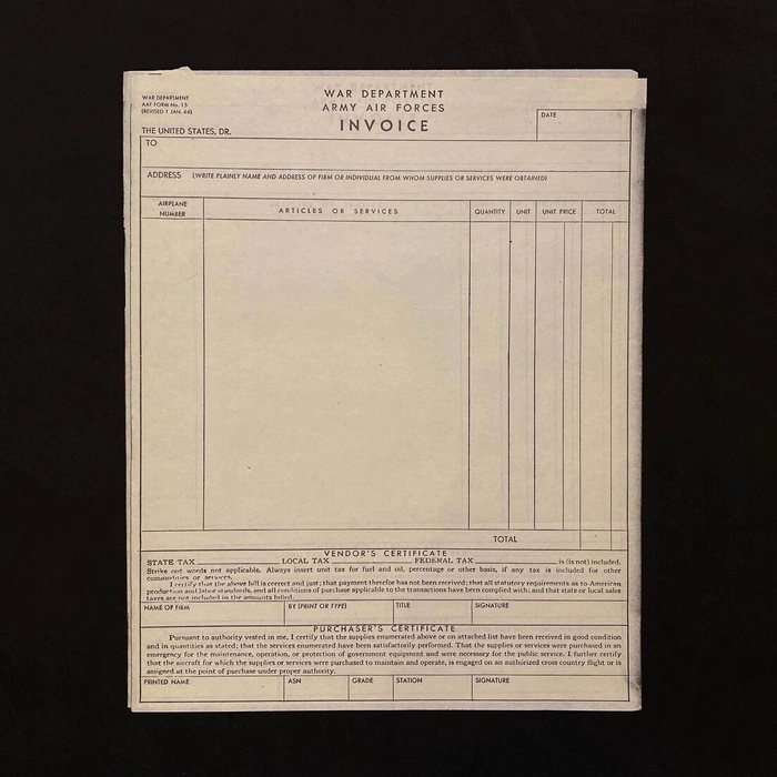 The invoice for the shipment of goods by plane. 1944, 15 letterheads in the cover