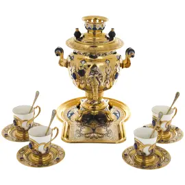 Чайный набор с самоваром "Русское застолье" на 4 персоны, с лазуритом, Златоуст Чайный набор с самоваром "Русское застолье" на 4 персоны, с лазуритом, Златоуст