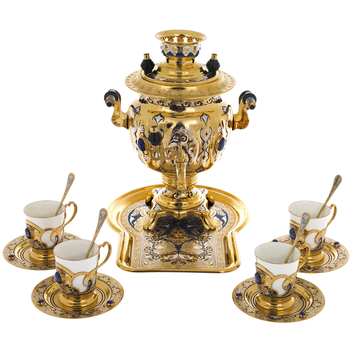 Tea set with samovar "Russian feast" for 4 persons, with lapis lazuli, Zlatoust