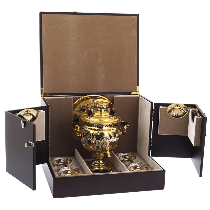 Tea set with samovar "Russian feast" for 4 persons, with lapis lazuli, Zlatoust