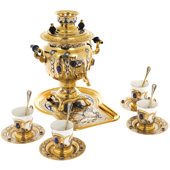 Tea set with samovar "Russian feast" for 4 persons, with lapis lazuli, Zlatoust