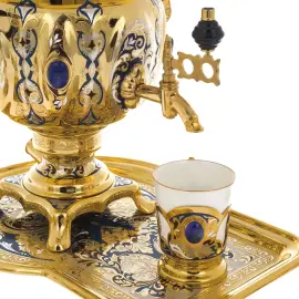 Чайный набор с самоваром "Русское застолье" на 4 персоны, с лазуритом, Златоуст Чайный набор с самоваром "Русское застолье" на 4 персоны, с лазуритом, Златоуст