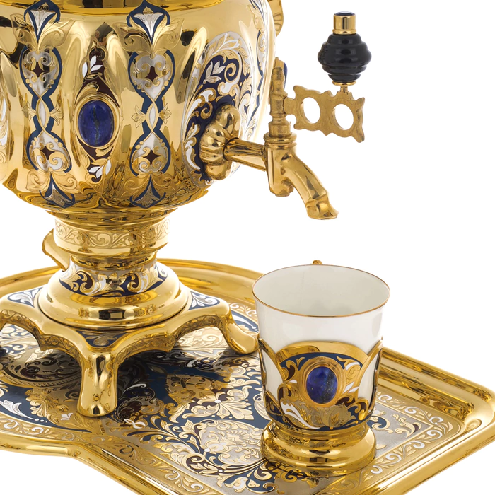 Tea set with samovar "Russian feast" for 4 persons, with lapis lazuli, Zlatoust