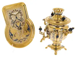 Чайный набор с самоваром "Русское застолье" на 4 персоны, с лазуритом, Златоуст Чайный набор с самоваром "Русское застолье" на 4 персоны, с лазуритом, Златоуст