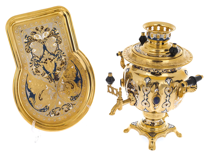 Tea set with samovar "Russian feast" for 4 persons, with lapis lazuli, Zlatoust