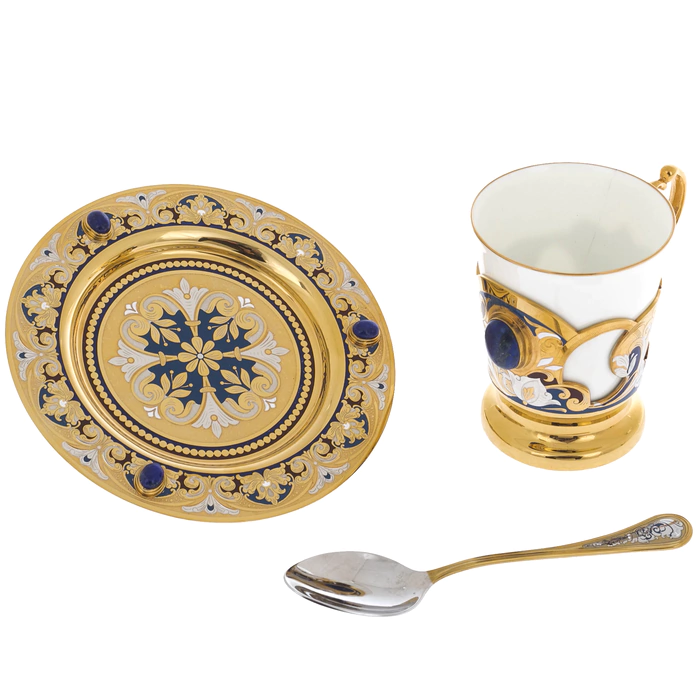 Tea set with samovar "Russian feast" for 4 persons, with lapis lazuli, Zlatoust