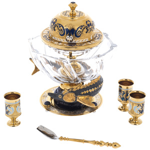 Caviar bowl on sodalite "Poseidon" with glasses, Zlatoust