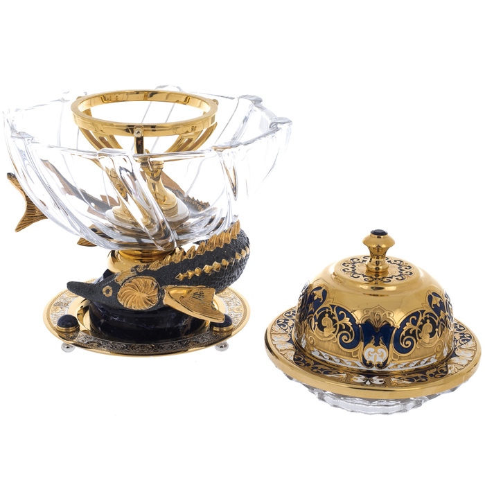 Caviar bowl on sodalite "Poseidon" with glasses, Zlatoust