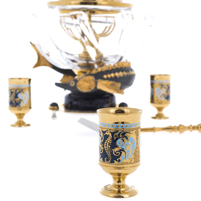 Caviar bowl on sodalite "Poseidon" with glasses, Zlatoust