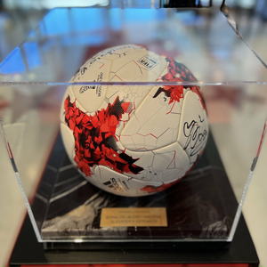 Soccer ball with 3 autographs of football players Ronaldo, Alexei Smertin and Alexander Kerzhakov, black marble